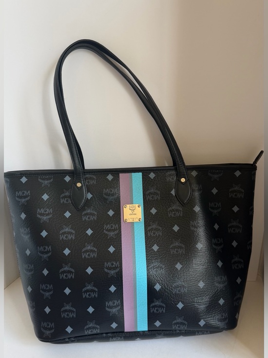MCM Handbags - MCM Black Logo Stripe Tote with Purple and Aqua Accents